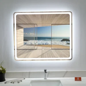 monster sales cabinetry LED bathroom mirror Bathroom vanity with an LED backlit mirror from MonsterSales USA, emitting a soft glow around the edges, adding a modern touch to the space.